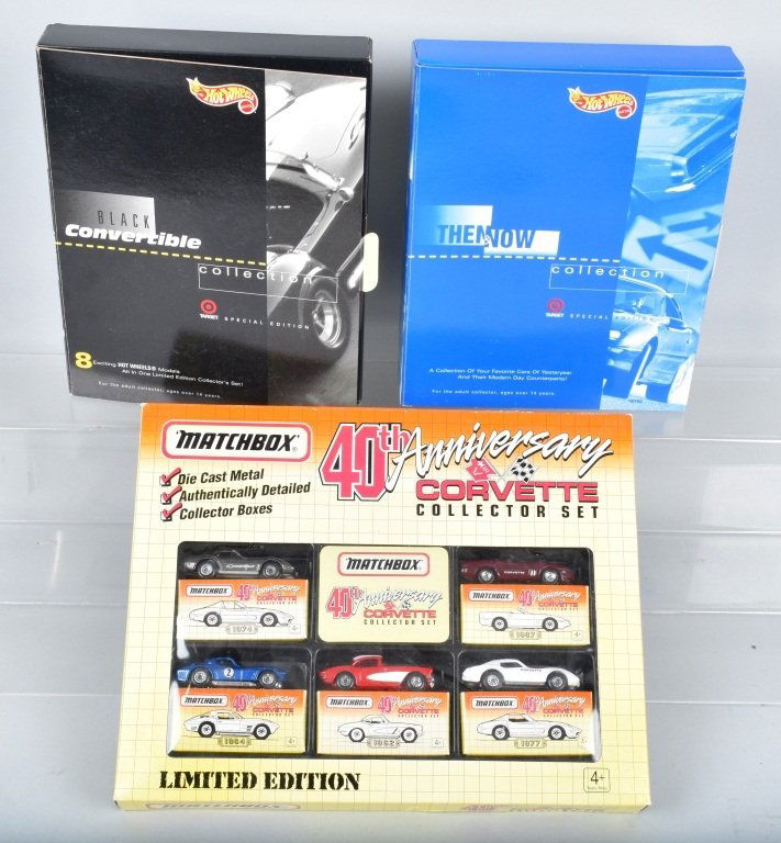 3- HOT WHEELS & MATCHBOX SPECIAL EDITION SETS: Includes Hot Wheel Target Exclusive Then & Now Set, Target Exclusive Black Corvette Set, and Matchbox 40th Anniversary Corvette Set. All Boxed