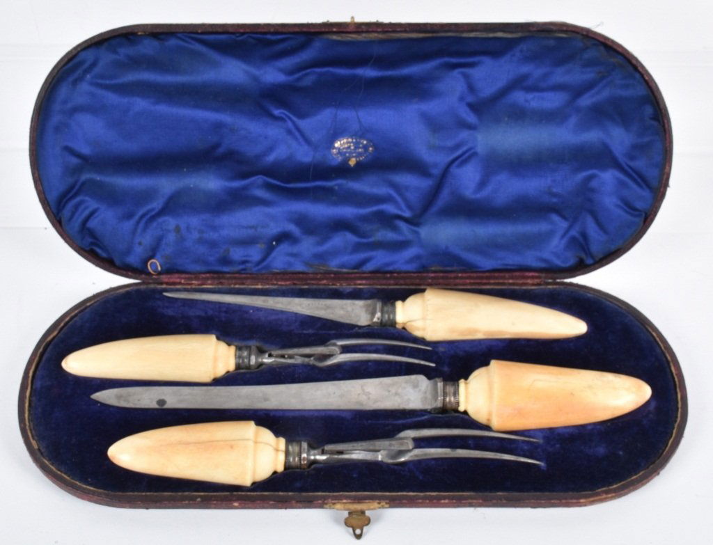 19th Century MAPPIN & WEBB WHALE TOOTH CARVING SET: Wonderful 19th Century Mappin & Webb Whales Tooth Carving Set. Four piece set in original felt lined case. Largest knife is marked Mappin & Webb on the blade. Case measures 17" Rare Set..