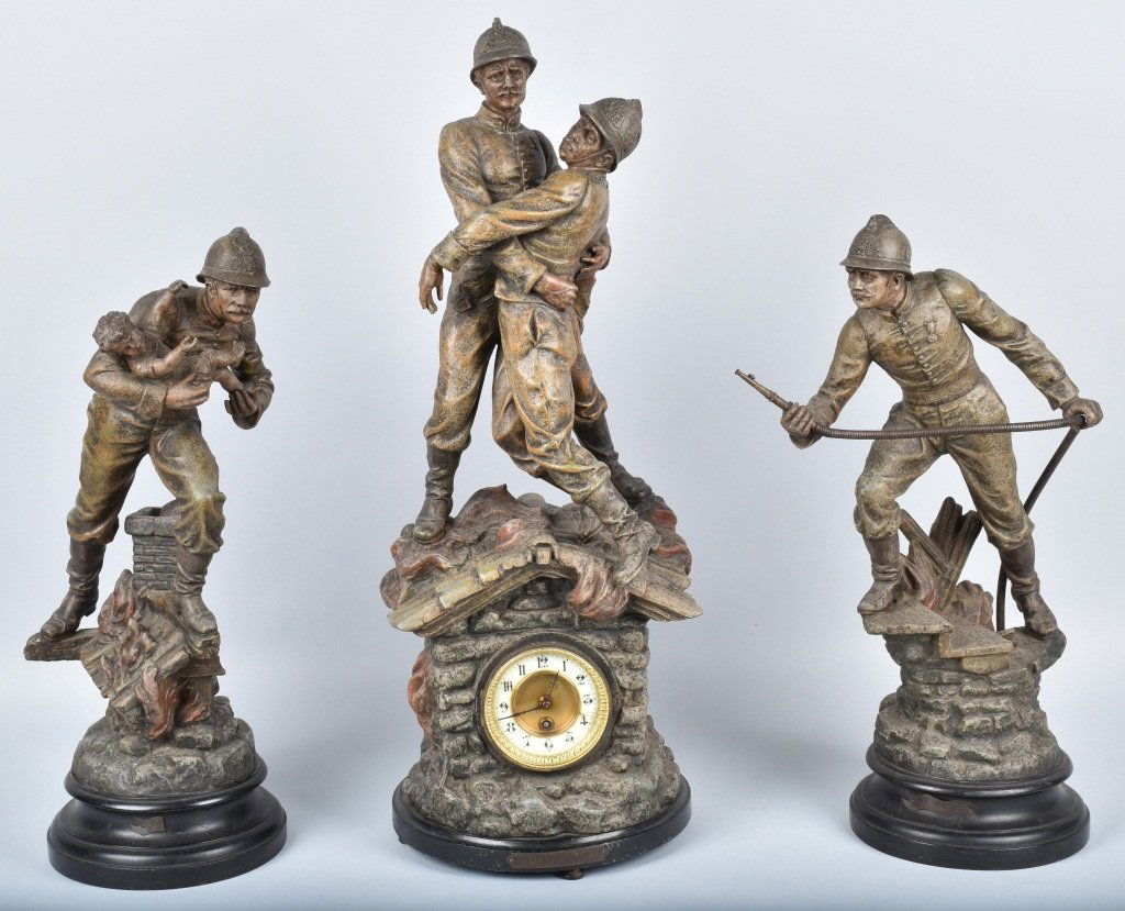 19th Century BRONZE FIREMAN CLOCK SET by RAPHANEL (1 of 10)