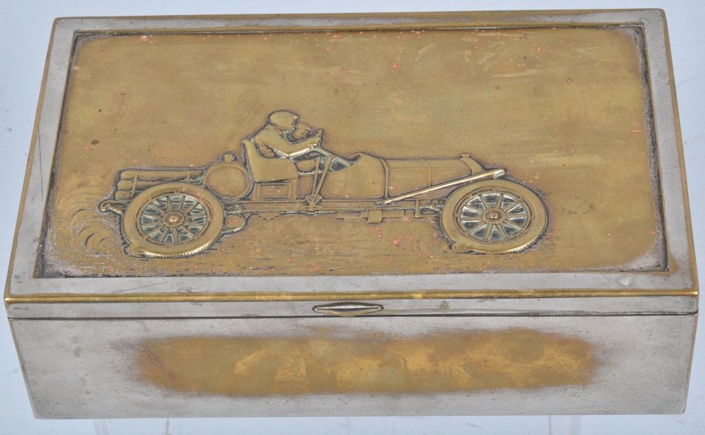 Early BRASS CIGAR HUMIDOR w/ EARLY RACE CAR LID (1 of 5)