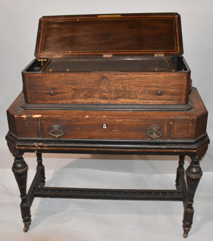 INLAID WOOD CYLINDER STYLE MUSIC BOX w/ STAND (1 of 8)