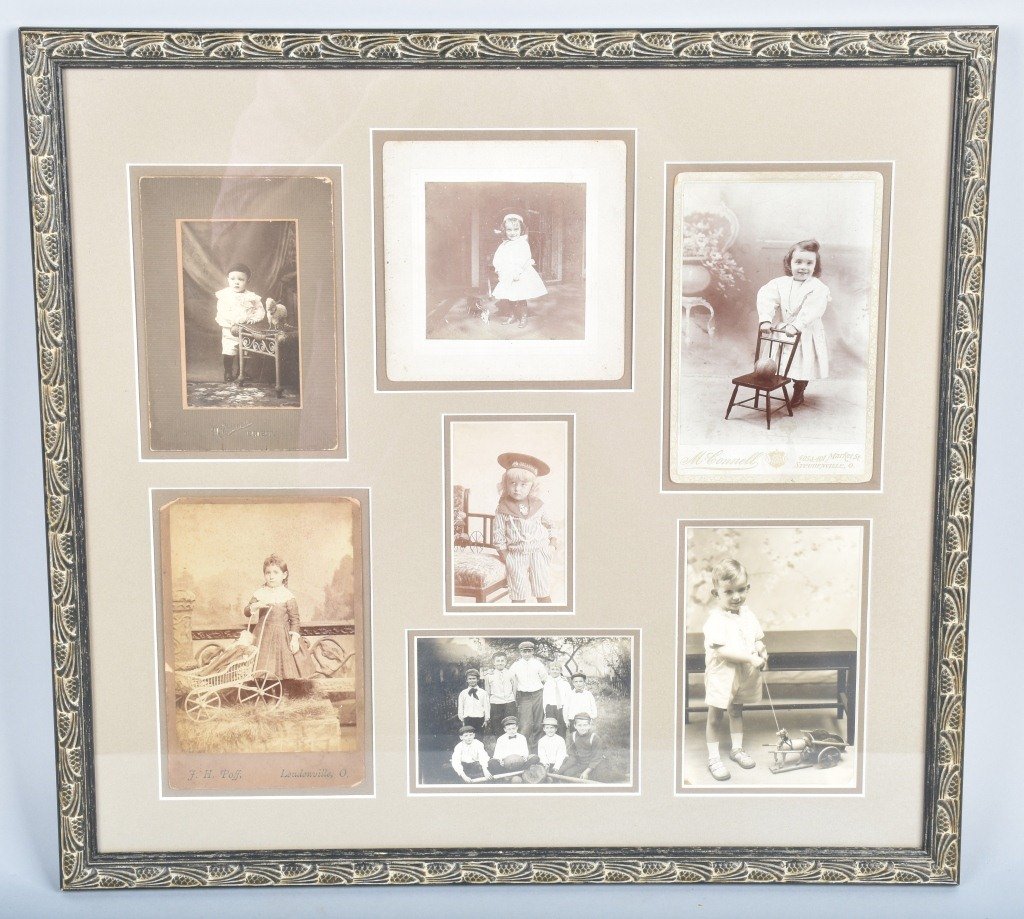 ANTIQUE FRAMED LOT OF PHOTOS, CHILDREN with TOYS (1 of 8)