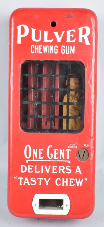 PULVER CHEWING GUN "YELLOW KID" VENDING MACHINE: Nice original Pulver Chewing Gum 1c Vending Machine. This machine has the Yellow Kid figure inside the machine. Great machine that has has some restoration. Displays very well. A RARE vending machine 