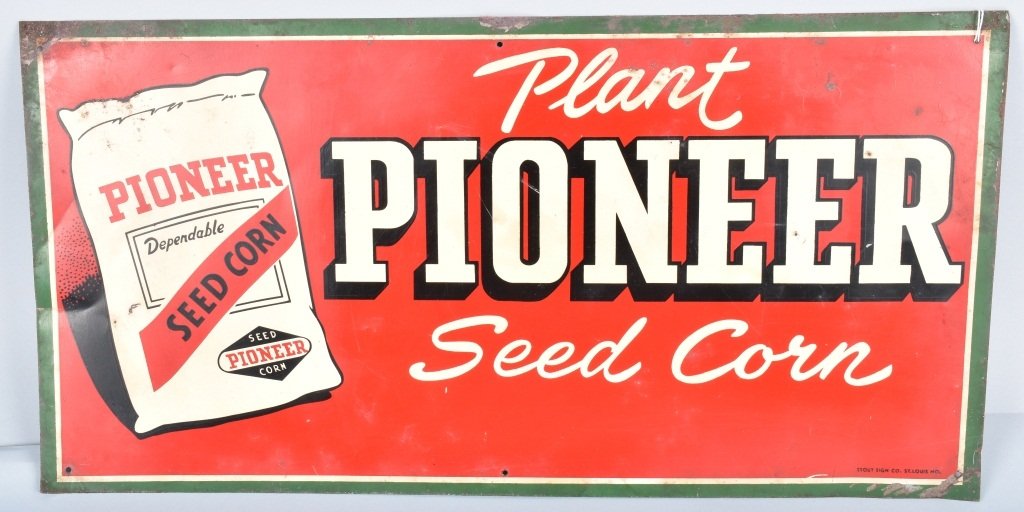 PIONEER SEED CORN TIN SIGN: Nice arly tin sign advertising Pioneer Seed Corn. Nice colors. By Stout Sign Co. 23"x12" Very Good-Excellent