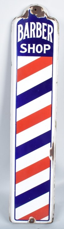 PORCELAIN BARBER SHOP POLE SIGN: Nice vintage porcelain sign that looks like a Barber Pole. Great colors. 30"x6" Very Good-Excellent