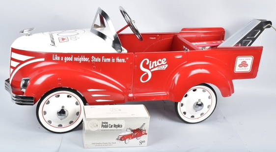 STATE FARMS 80th ANIVERSARY PEDAL CAR TOW TRUCK: Great looking Pedal Car Classics Tow Truck Pedal Car made for State Farms 80th Anniversary. All original and complete. Great colors. 50" Near Mint Comes with min version and other State Farm collectib