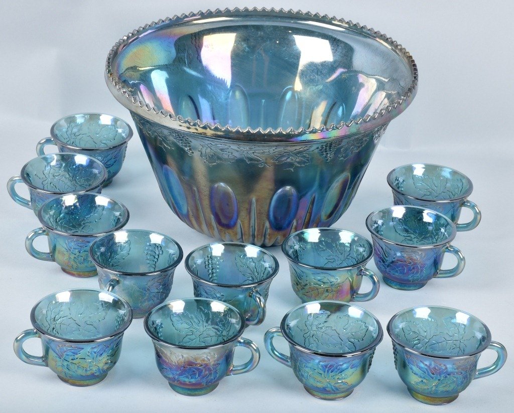 CARNIVAL GLASS PUNCH BOWL & 12 CUPS: Bowl measures 12" diameter by 7" high, includes 12 matching cups. Excellent
