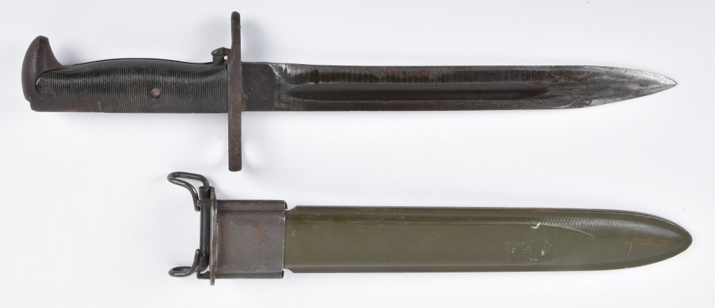 WWII US O3A3 BAYONET & SCABARD by AFH: Nice WWII US Bayonet marked AFH US on Blade. Scabbard marked US with Bomb logo. Made by American Fork and Hoe. Very clean with nice patina. Very Good-Excellent