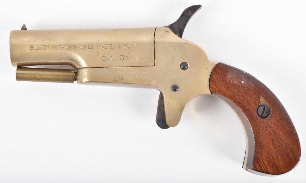 BRASS PERCUSSION .31 DERRINGER: 2 1/2" brass barrel, brass frame with walnut grips, strong action. Made in Italy. Excellent