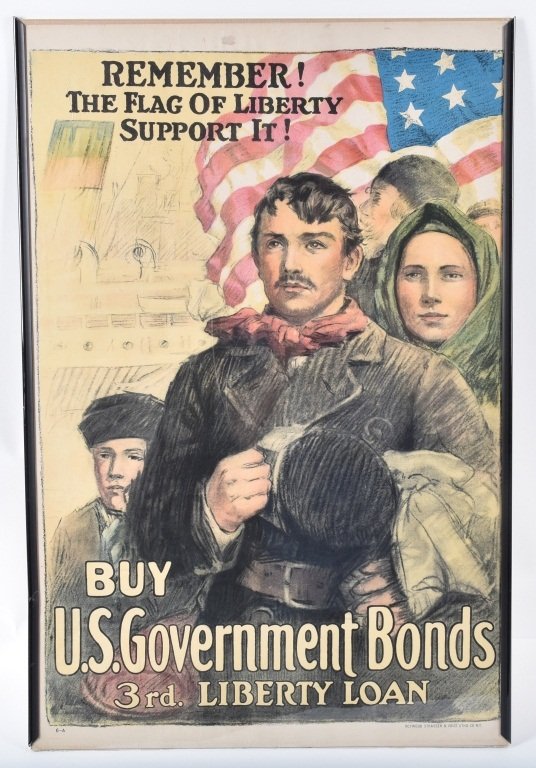 WWI US REMEMBER THE FLAG OF LIBERTY POSTER: Beautiful WWI US Remember! The Flag Of Liberty Support It! Poster by Heywood Strasser & Voight. Great colors and image. Some wear to edges. 30"x20" Excellent