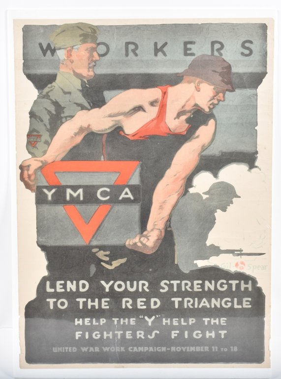 WWI US WORKERS LEND YOUR STRENGTH POSTER: Excellent WWI US YMCA Workers Lend You Strength Poster by Gil Spear. Great image. Some wear on edges. 28"x18" Excellent