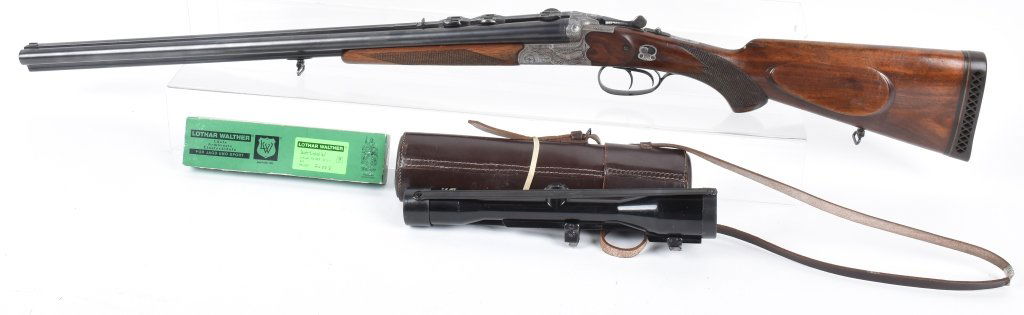 SIMPSON DRILLING 3 BARREL SHOTGUN: SN 191873, 25 1/4" barrels, with mint bores, Calibers are .7X57R and 26W. Crisp action. Outstanding gun is profusely etched, excellent finish, and checkered stocks. Includes Carl Zeiss Diatal 6X42 sco