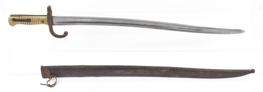 19TH CENT. GERMAN PDL SWORD BAYONET and SCABBARD: 27" overall with 22" bright blade marked PDL. Blade has some minor edge nicks, and evidence of old sharpening. Scabbard is dented with surface rust. Very Good