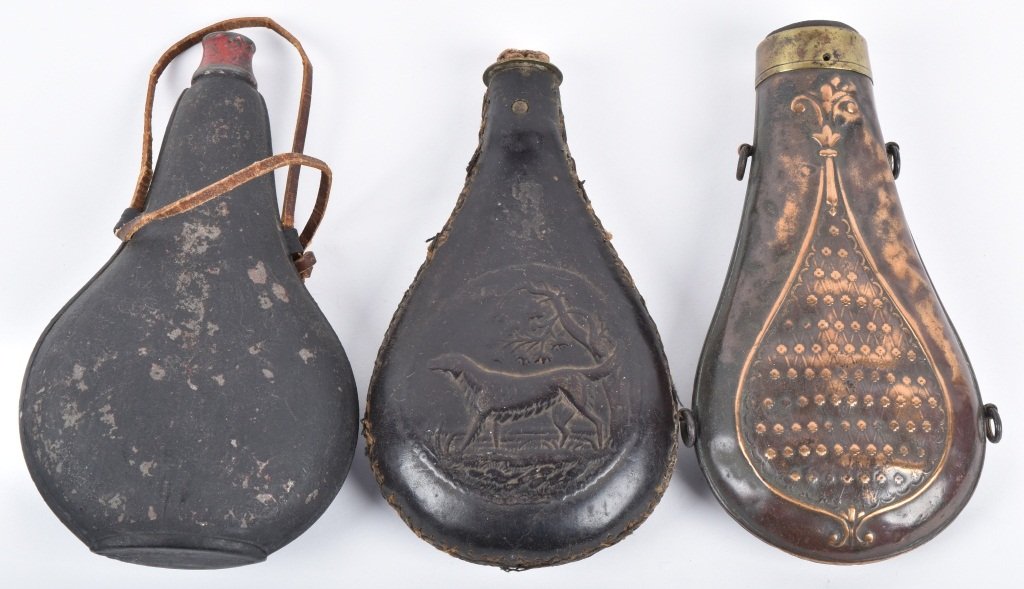 LOT OF 2 FLASKS and SHOT POUCH: General wear and copper flask has working spring but is missing spout. Good-Very Good