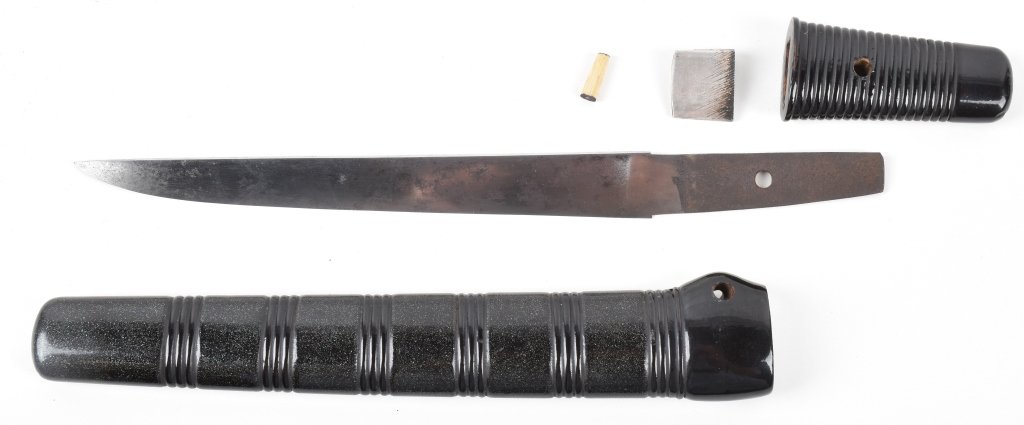 JAPANESE TANTO with SAYA: 10 3/4" overall with 7 1/2" cutting edge, silver one piece Hibaki, black enameled grip and Saya. Very Good plus