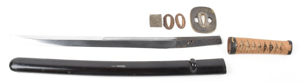 JAPANESE TANTO with SAYA, SIGNED TANG: 17 1/4" overall with 13" cutting edge, bright blade signed tang, Fujishima Tomoshige, brass Tsuba, nice ray skin and wrap, excellent enameled Saya, Excellent