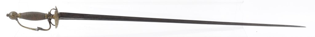 18TH CENTURY EUROPEAN RAPIER SWORD: 37" overall with a 31" tri corn blade. Nicely cast brass hilt, has an old repair to the knuckle bow, A very early sword that displays well. Very Good