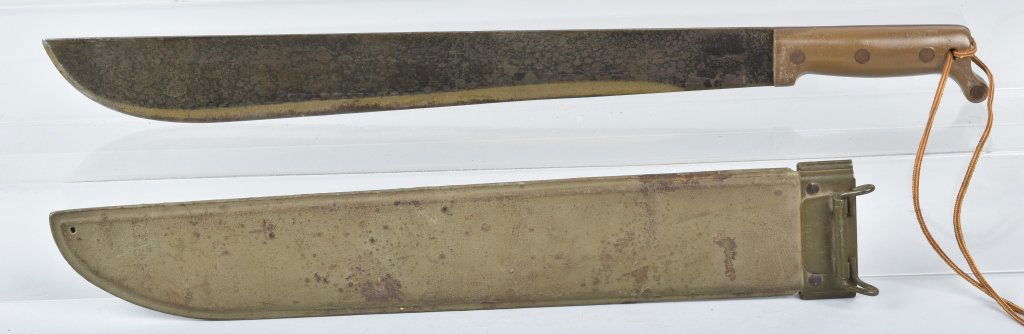 WW2 US TRUE TEMPER MACHETE, & SHEATH, 1945: 23" overall with 18" blade. nicely marked and dated on blade and sheath, has overall wear. Very Good