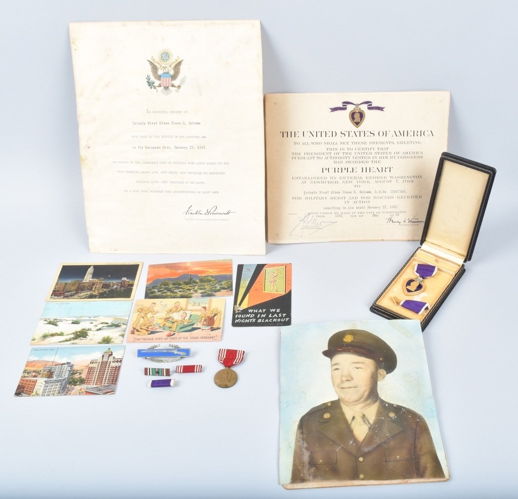 WW2 GROUPING DIXON SCHUMM, PURPLE HEART KIA: Grouping includes named Purple Heart, Certificate, FDR memorial certificate for family, post cards, medals, and photograph. Schumm was in the 48th Infantry, 7th Armored division and was KIA on January