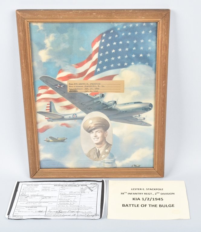 WW2 MEMORIUM LESTER STACKPOLE, KIA, BAT. OF BULGE: Measures 16" by 13", PFC Stackpole was in the 38th Infantry, 2nd Division, he was killed in action on 1-2-1945 at the Battle of The Bulge, Also included is a copy of the Application for Head stone. Ex