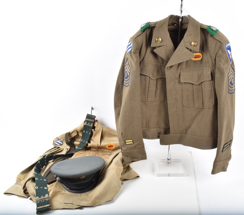 WW2 11TH AIRBORNE UNIFORM & MORE: Lot includes Master Sgts Ike Jacket with Airborne patch, shirt pants, tie, along with later hat and belt. Jacket has tear on back of collar. Very Good