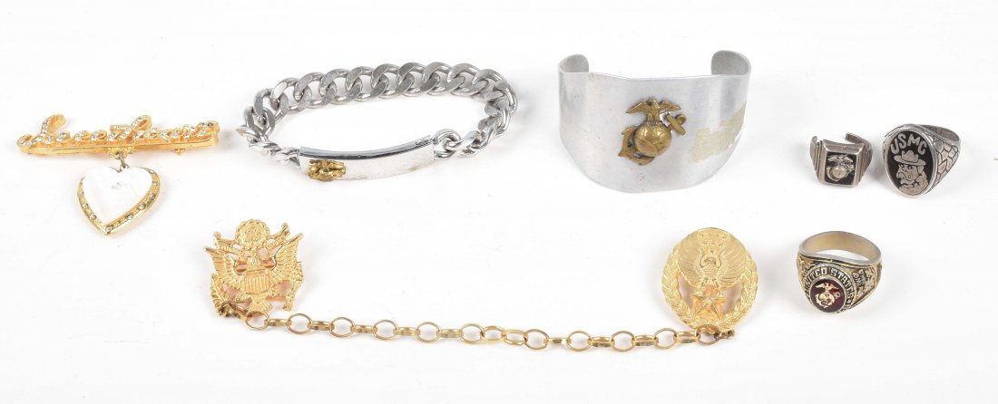 MARINE CORPS SWEETHEART GROUPING & MORE: Nice grouping including rings, bracelets, and a WW2 dress collar EGA device. One ring has damage. Very Good-Excellent