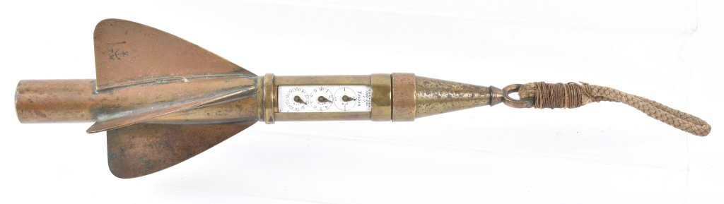 T. WALKERS BRASS HARPOON SHIP LOG, VINTAGE: Measures 18", brass construction, nicely marked, may have had glass over dial. Very Good