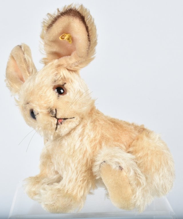 STEIFF JOINTED RABBIT: Steiff Jointed Rabbit. Made from 1957/70. He is 9 inches and made of mohair and is jointed. Yellow flag EAN 6325,00. excellent condition