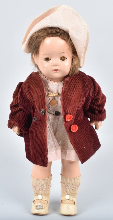 14" YVONNE BY MADAME ALEXANDER: Has her tagged Swiss Dot dress and bonnet. Period overcoat. Very minor aging. VG-EX