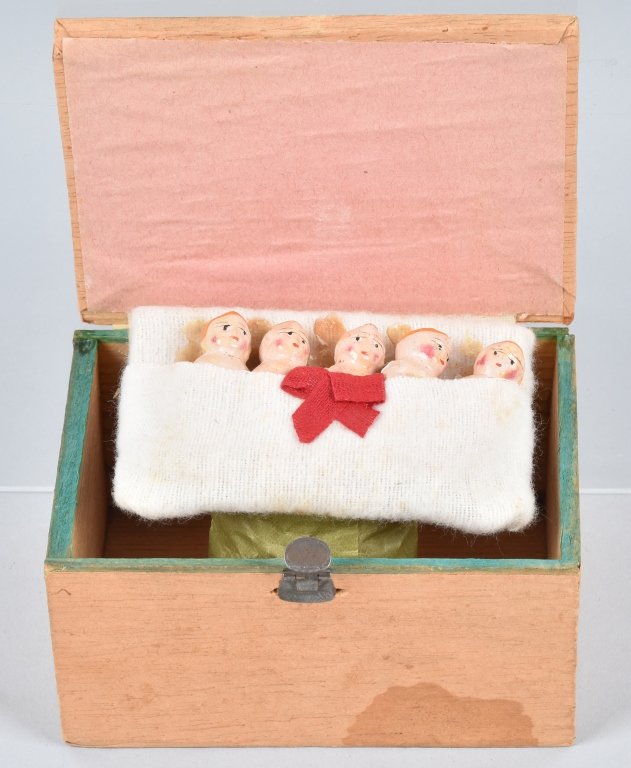 UNUSUAL DIONNE QUITS JACK-IN-THE-BOX: Wood box marked, The Callander Miracle! Pop-up has five compo qiuts. Squeaker still works. 4" x 3", EX