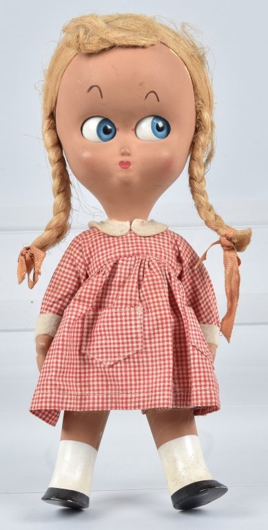 UNUSUAL MOVING EYE GOOGLIE BY MAURA: Hard plastic Italian doll from the 60's, eyes move left to right. VG-EX, 11 1/2" tall
