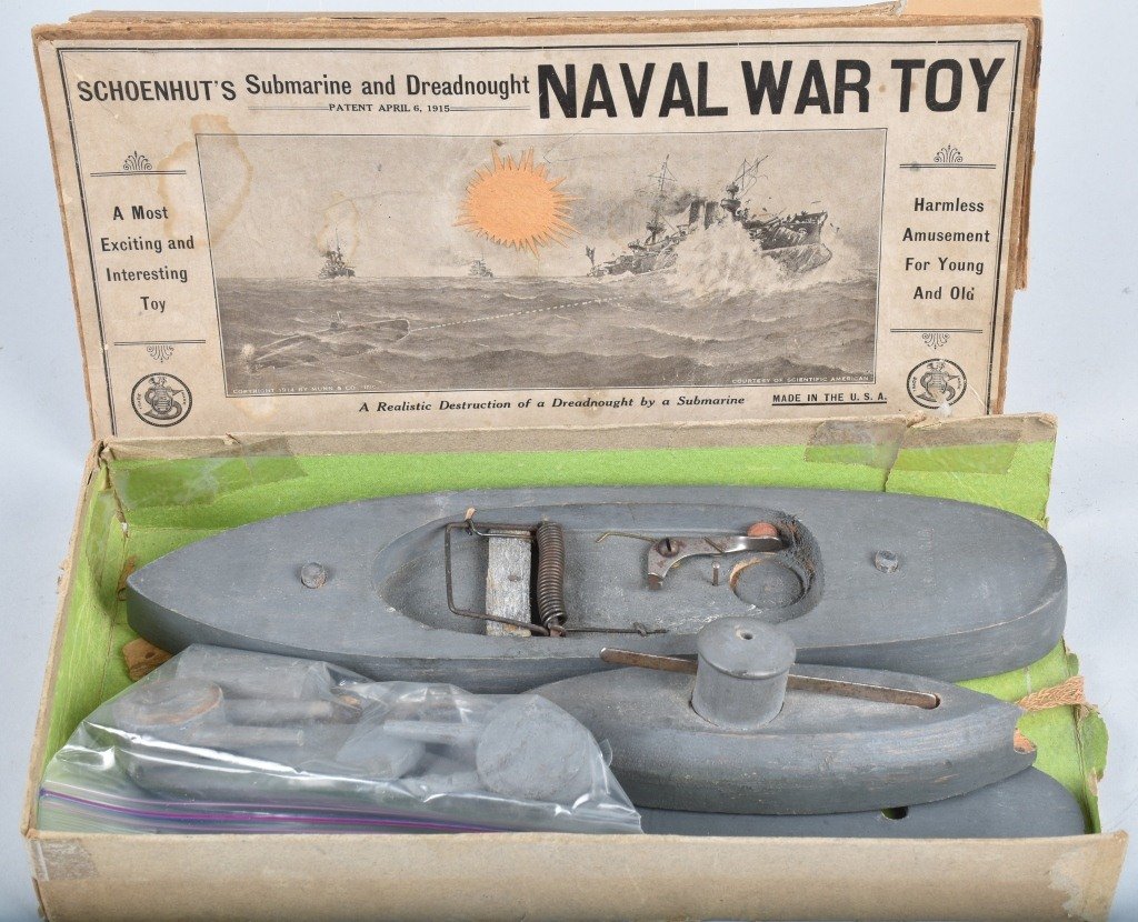 SCHOENHUT SUBMARINE & DREADNOUGHT SET w/BOX: Very scarce Schoenhut Submarine and Dreadnought Naval War Toy Set. All original and complete. Submarine blows up the Dreadnought. With Box. 12" Excellent
