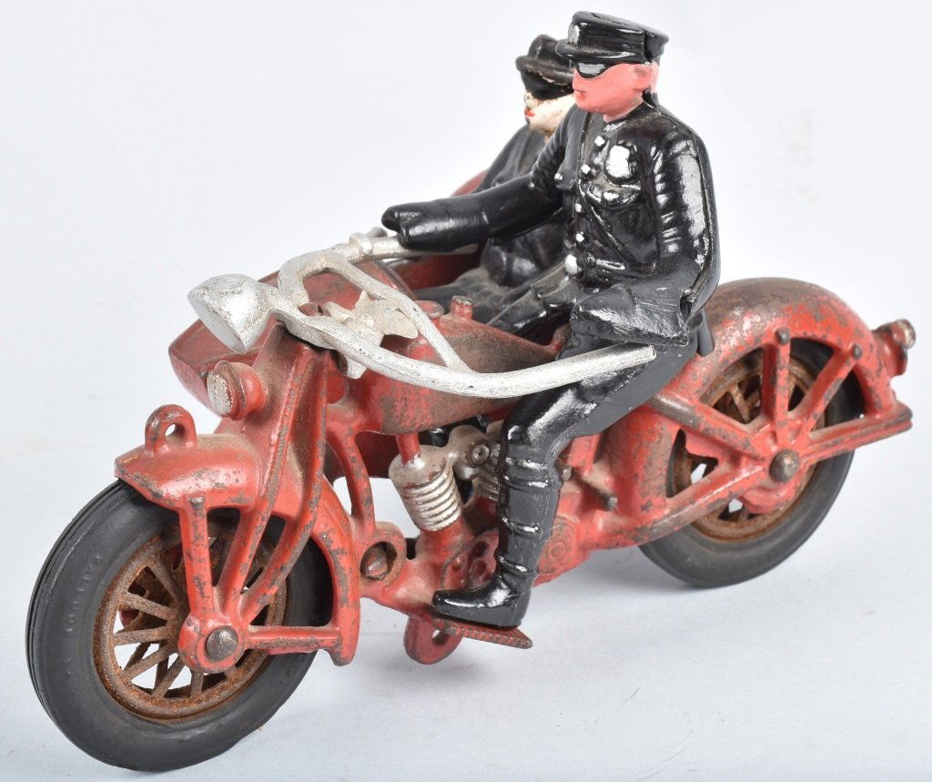 9" HUBLEY CAST IRON POLICE MOTORCYCLE w/ SIDECAR (1 of 6)