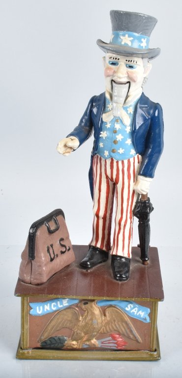 JOHN WRIGHT UNCLE SAM MECHANICAL BANK: Nice cast iron Uncle Sam Mechanical Bank made by John Wright. Has great paint. 11" Excellent