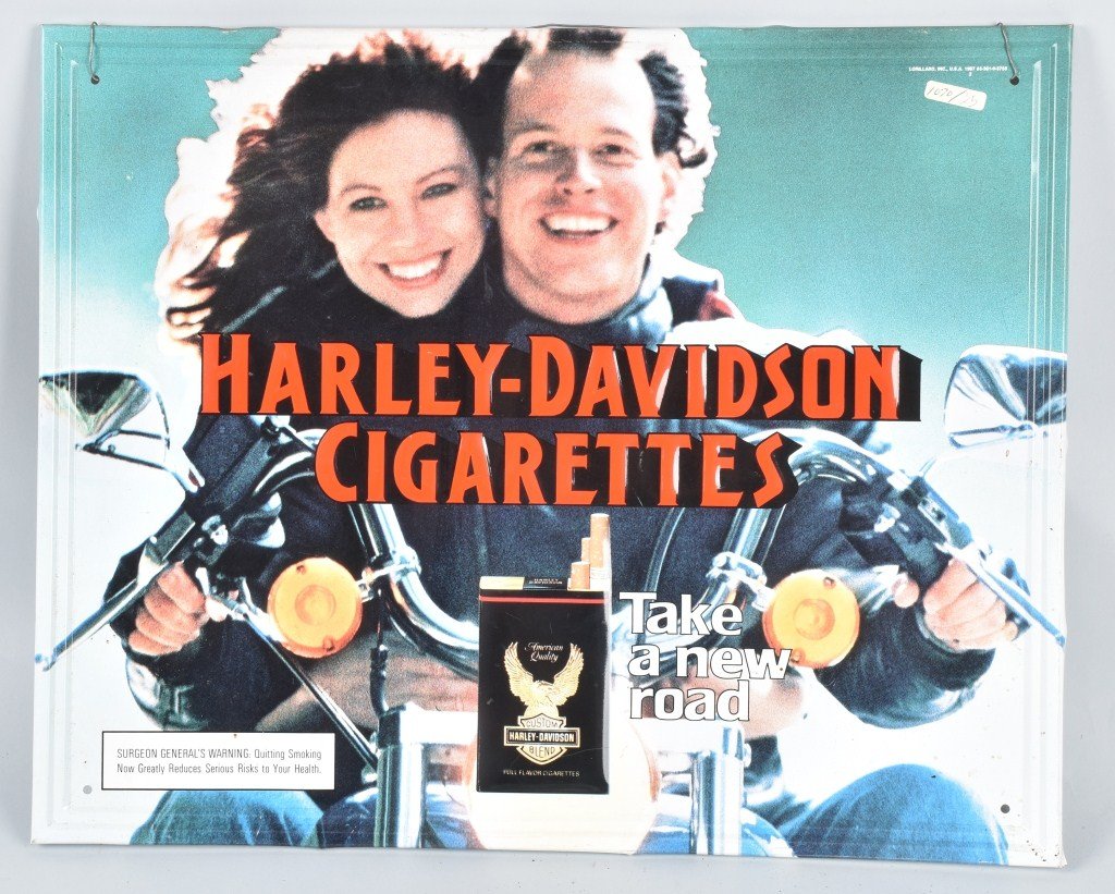 HARLEY DAVIDSON CIGARETTE ADVERTISING SIGN: Measures 22" by 17", embossed aluminum with great graphics Excellent