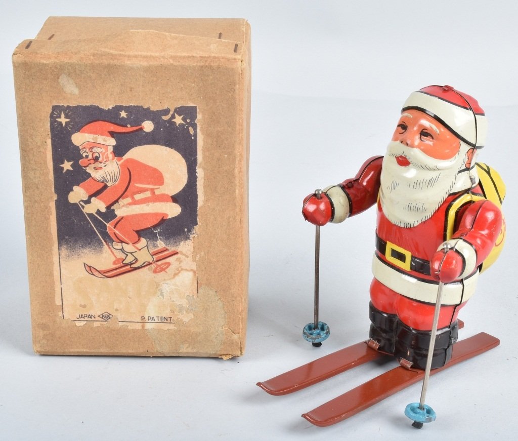 JAPAN Tin Windup SANTA CLAUS SKIER w/ BOX (1 of 5)