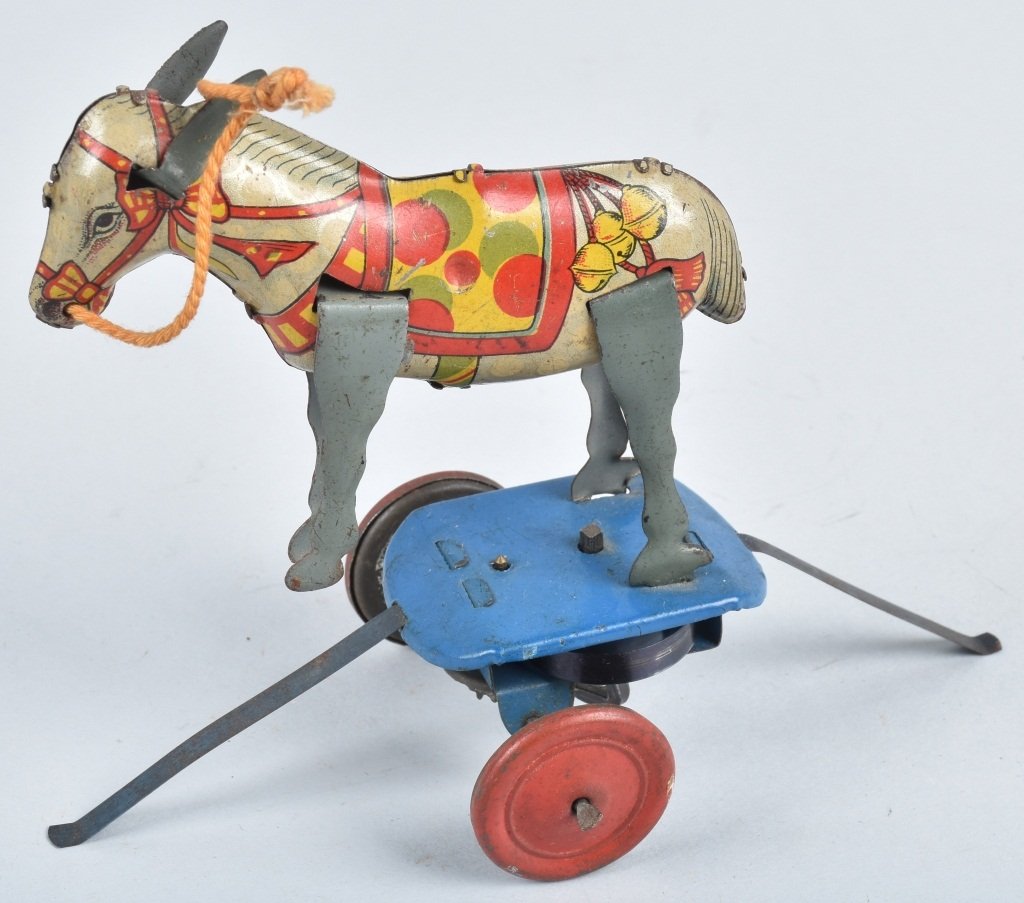 JAPAN Tin Windup CIRCUS DONKEY: All original and working. Great colors. 4" Excellent