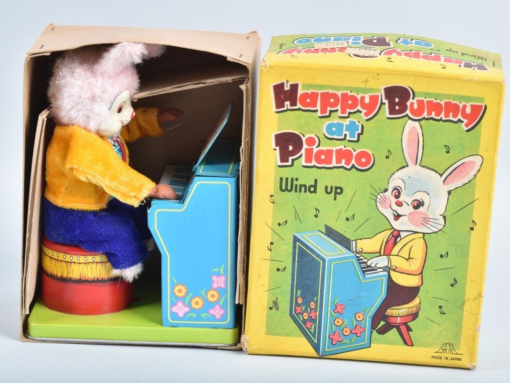 JAPAN Windup HAPPY BUNNY PIANO w/ BOX: All original and looks never played with condition. Works. With box and insert. 7 1/2" Near Mint