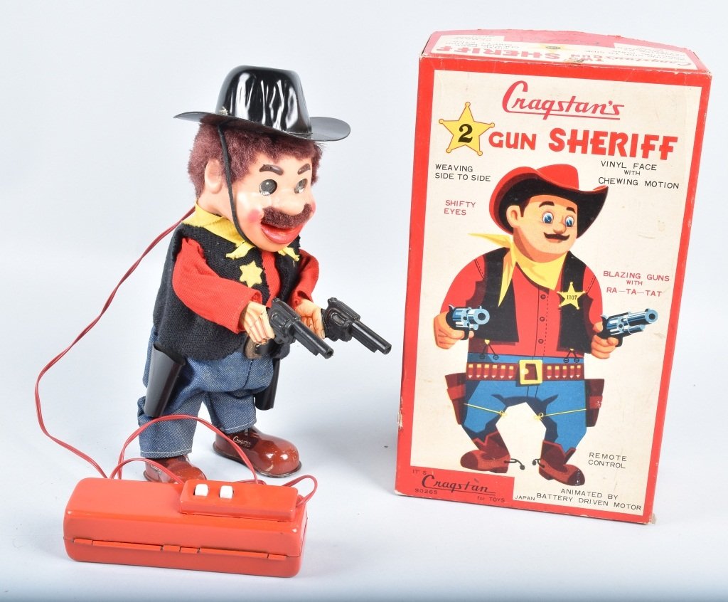 CRAGSTAN Battery Op 2 GUN SHERIFF w/ BOX: All original and still has cowboy hat. Worked when tetsed. With Box. 11" Excellent