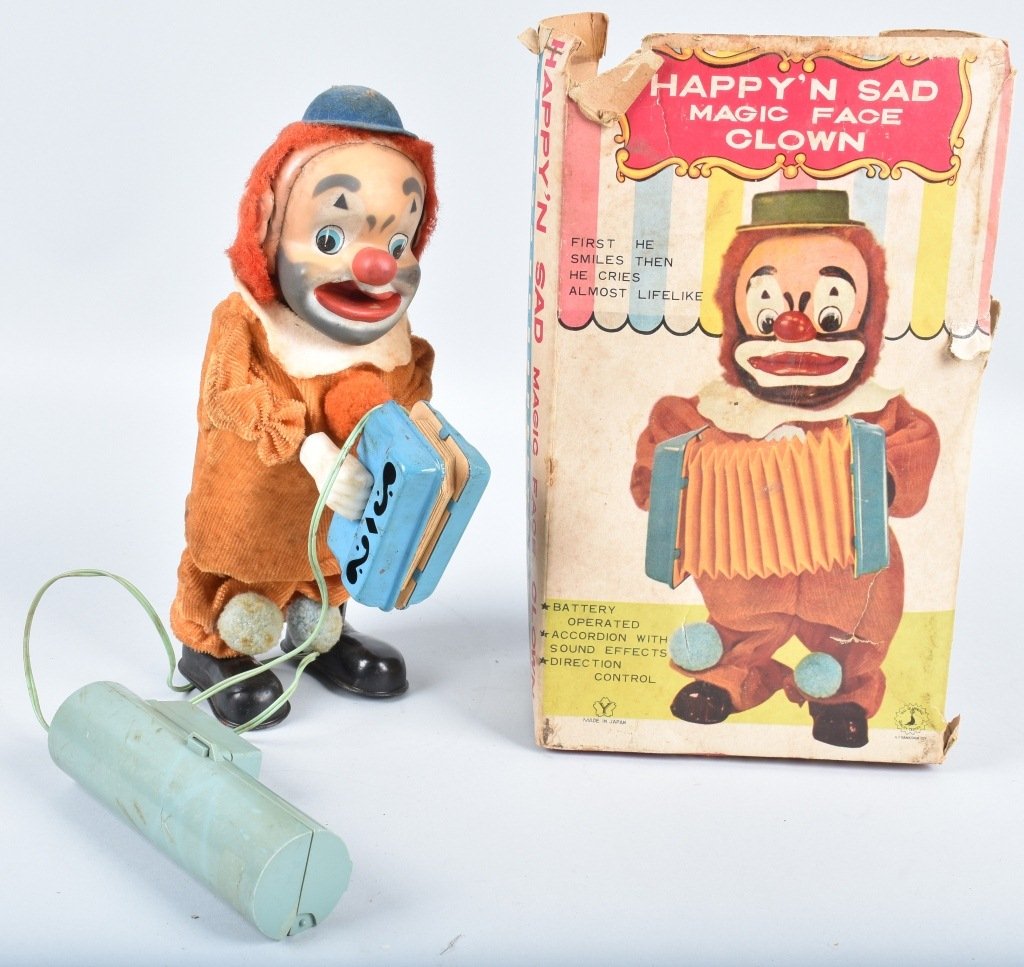 JAPAN Battery Op HAPPY n SAD MAGIC FACE CLOWN: All original and complete. Did not work when tested. Small crack in remote. With partial box. 10" Very Good
