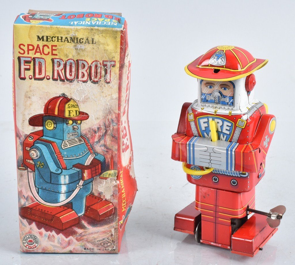 JAPAN Tin Windup SPACEMAN F D FIREMAN ROBOT w/BOX (1 of 9)