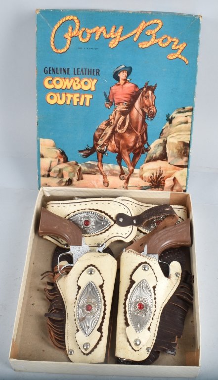 PONY BOY COWBOY CAP GUN & HOLSTER SET w/BOX: Nice pair of Pony Boy Cap Guns with fancy leather Holster. With Box. 10" Excellent