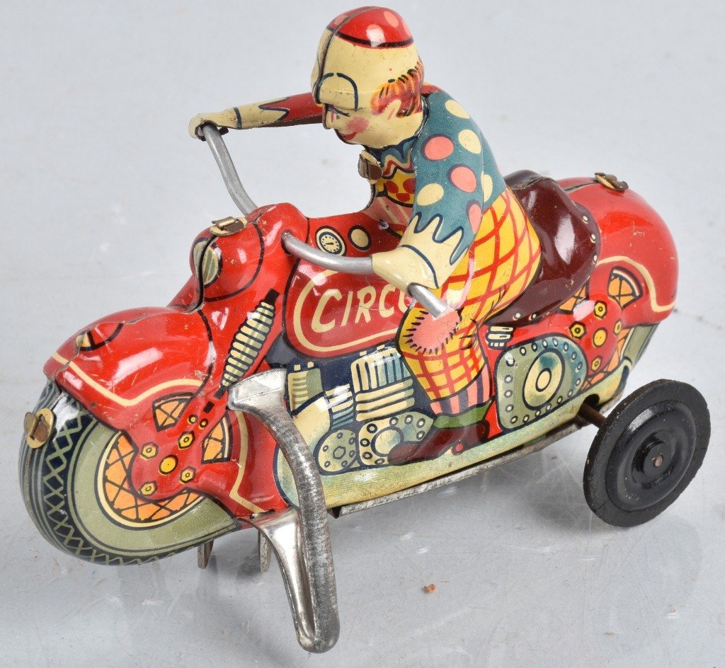 JAPAN Tin Windup CIRCUS CLOWN MOTORCYCLE (1 of 5)