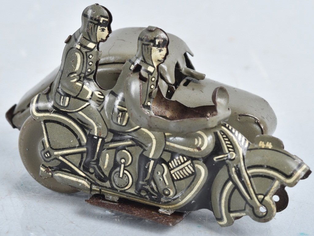 GERMAN Tin Windup MILITARY MOTORCYLE w/ SIDECAR (1 of 3)