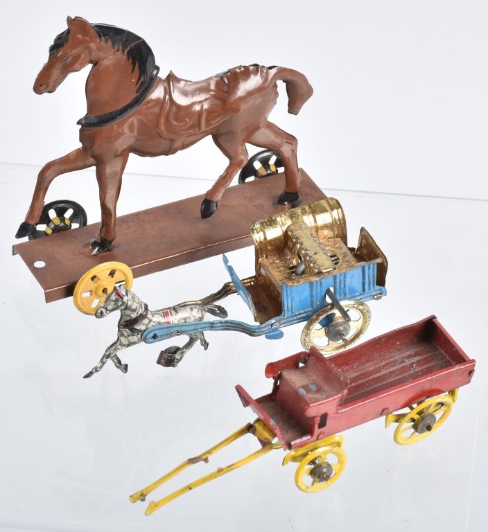 GERMAN TIN HORSE ON PLATFORM & 2 PENNY TOYS (1 of 4)