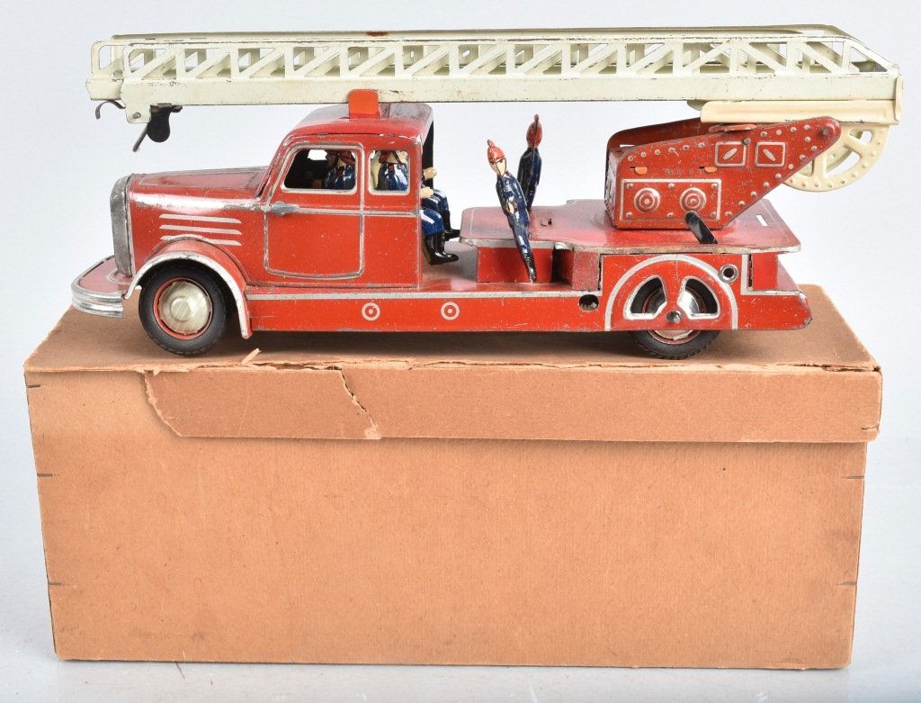14" DITSLER Tin Windup LADDER FIRE TRUCK w/BOX (1 of 10)
