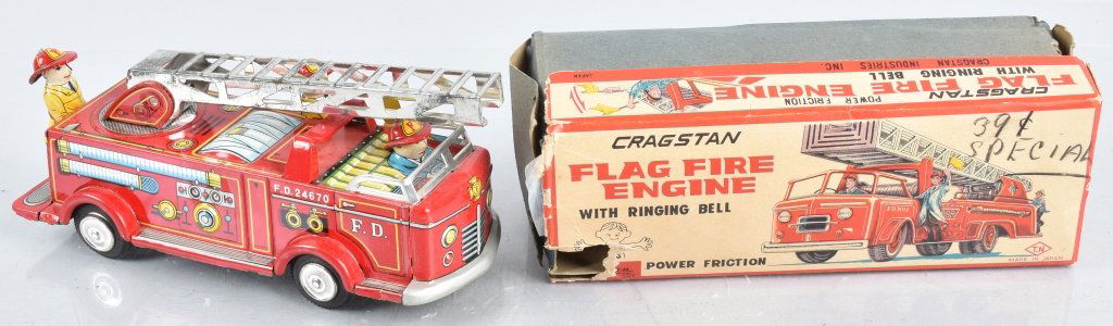 JAPAN Tin Friction FLAG FIRE ENGINE w/ BOX (1 of 6)