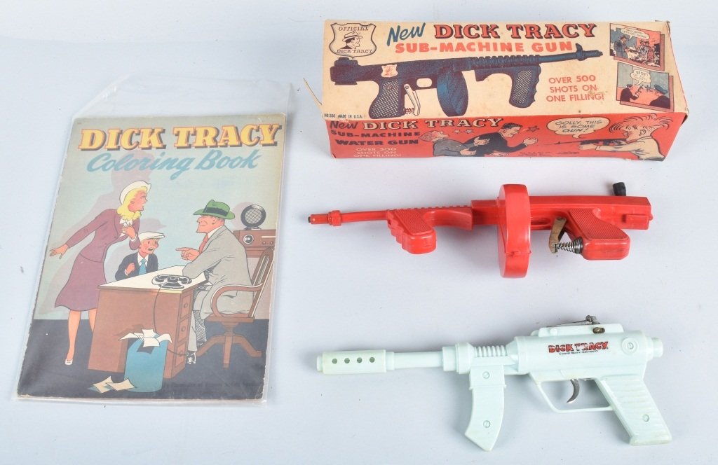 2- DICK TRACY GUNS & COLORING BOOK: Includes Dick Tracy Sub-Machine Gun with Box, Dick Tracy Cap Gun, and Coloring Book. Very Good-Excellent