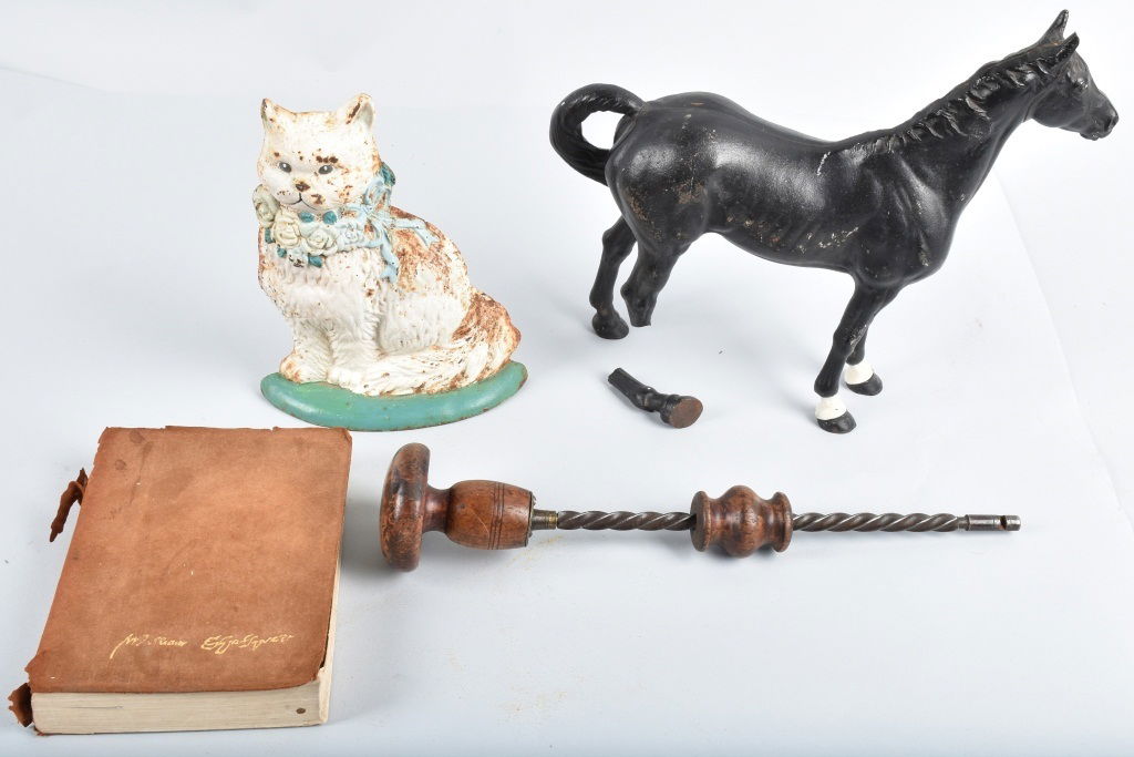 LOT OF CAST IRON DOORSTOPS, EARLY TOOL & BOOK (1 of 5)