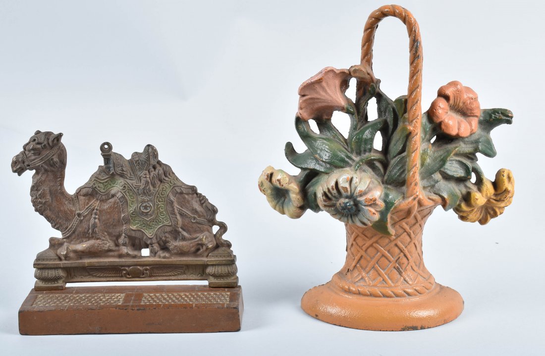 2-CAST IRON DOORSTOPS, CAMEL & BASKET OF FLOWERS (1 of 5)